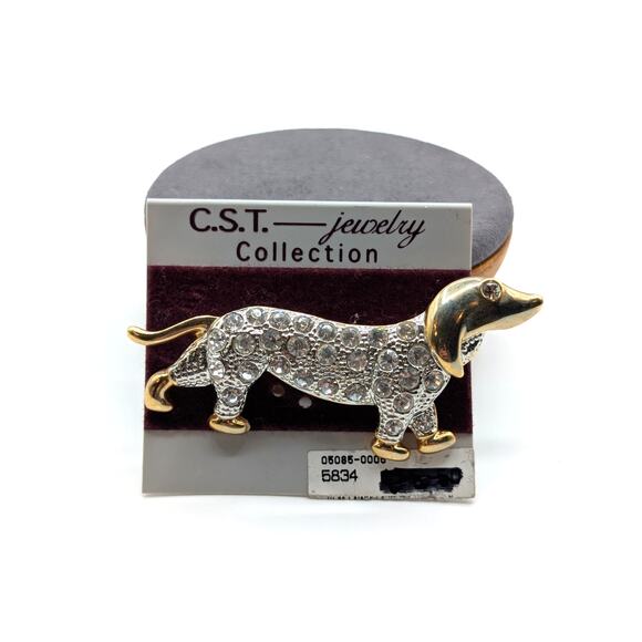 C.S.T. Jewelry Collection Vintage Rhinestone Two Tone Dachshund Brooch NWT - Picture 2 of 2